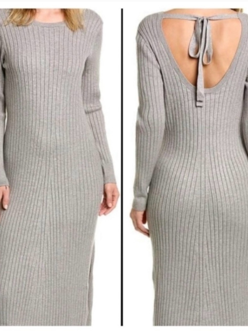 WAYF Ribbed Long-Sleeve Back-Tie Midi Dress - Gray, S